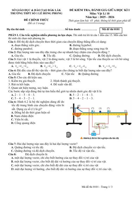 Đề thi Giữa kì 1 Vật lí 10 năm 2025-2026 trường THPT Số 1 Lê Hồng Phong (Đắk Lắk)